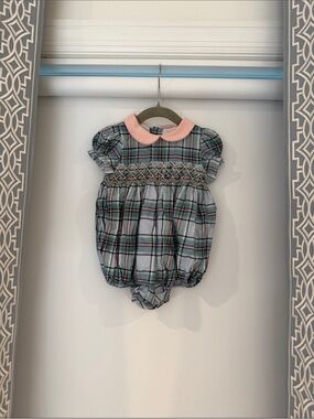 Gorgeous Plaid Smocked Baby One-Piece with Pink Collar